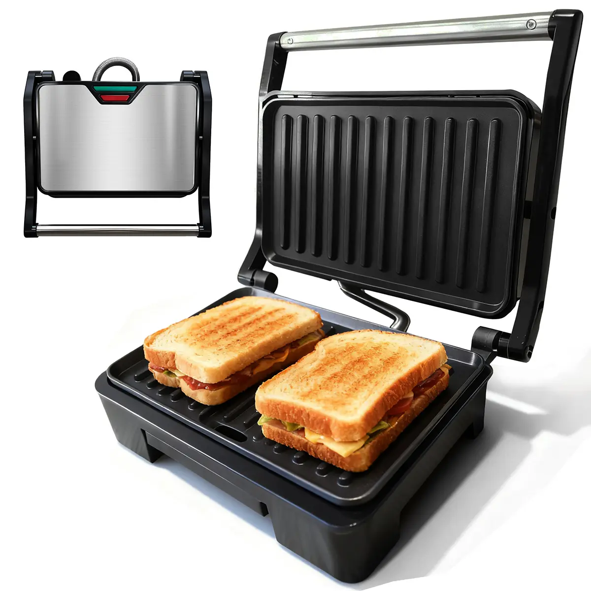 Black Electric Panini Press - 180° Hinge, Non-Stick Coated Plates, Kitchen Electric Grill Appliance for Grilling Steaks, Can Open 180 Degrees