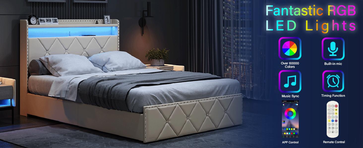 Full-Size Upholstered Bed Frame with 2 Drawers and Square Stitch Button, Bed Frame with Charging Station and LED Lights, Upholstered Headboard with 2-Tier Storage Shelves, Black queen  bed  frames