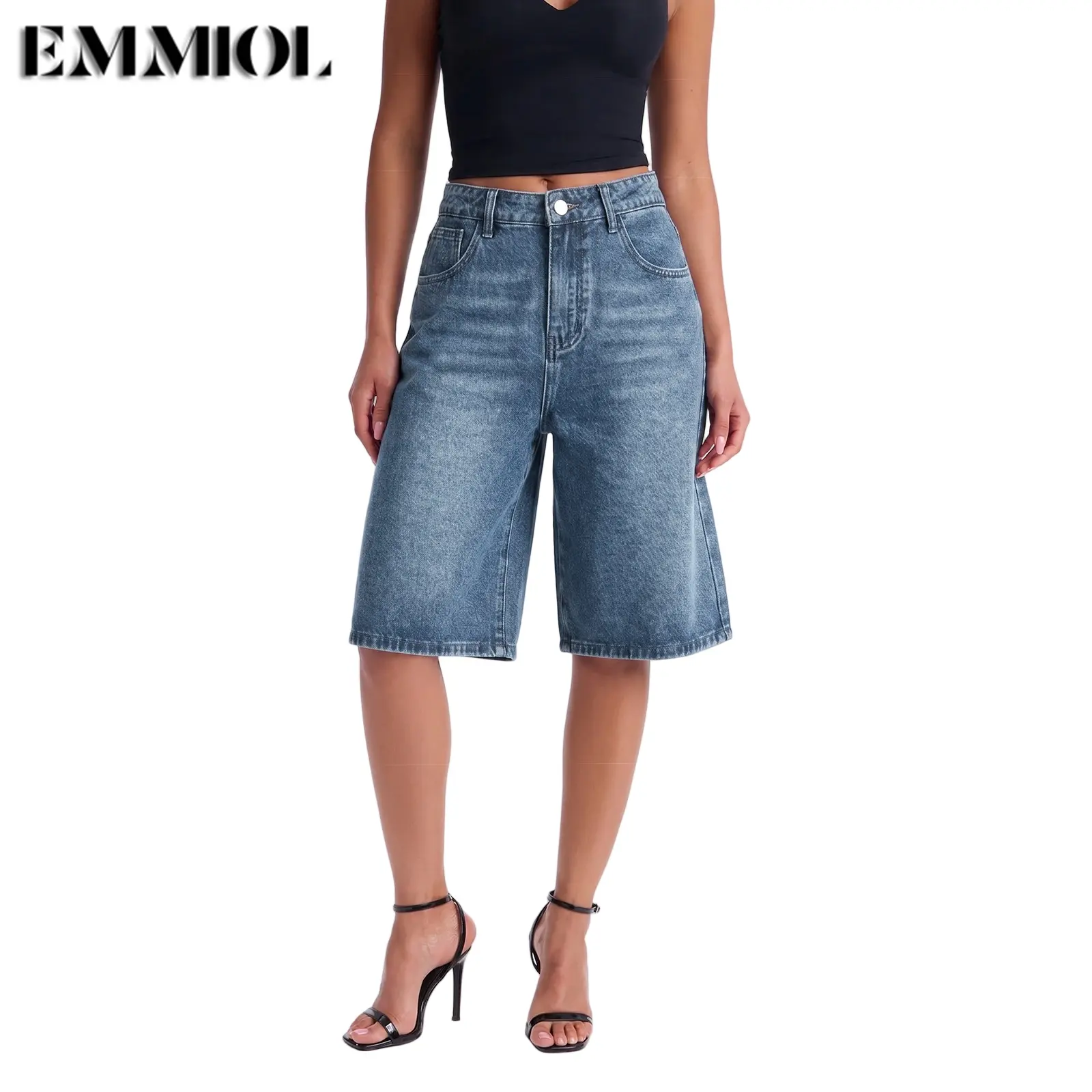 EMMIOL【Back to School】Women's Jorts Mid-Low Waisted Baggy Bermuda Jeans Jorts Summer Casual Denim Loose-Fitting with Basic 5 Pockets -  Blue Street Womenswear Summer Vibes