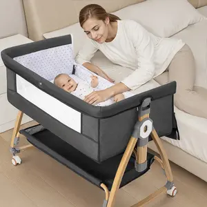 COMOMY Baby Bassinet Sleeper, Bedside Bassinet for Baby, 4 in 1 Easy to Fold Portable Bedside Sleeper Rocking Crib with Wheels, Mosquito Net & Storage Basket, 6 Height Adjustable, Grey