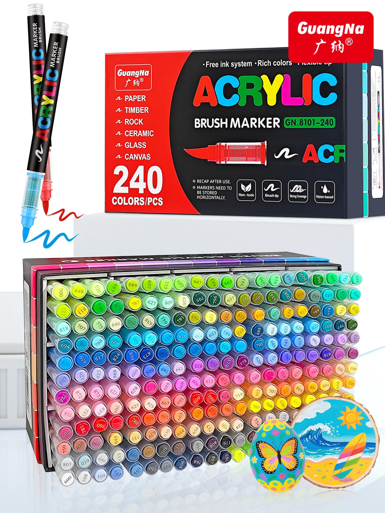 GuangNa 120/240/360 Acrylic Markers with Elastic Brush Tip Quick-Drying Waterproof Ink for Rock Wood Ceramic Glass Canvas Plastic Metal Art Crafts Supplies Gift
