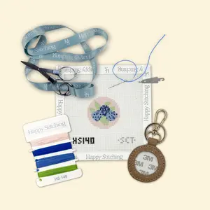 Happy Stitching - Hydrangea Blue Needlepoint Key Fob Kit - All-In-one Self Finishing Needlepoint Kit