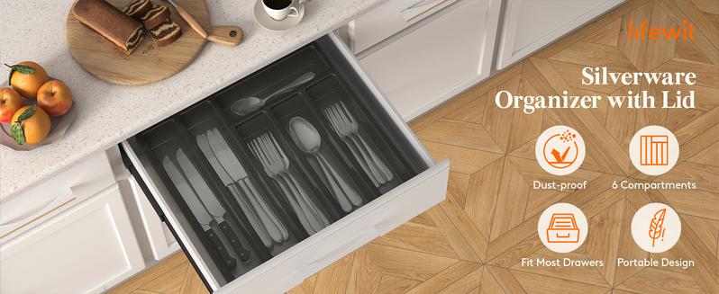 Lifewit Silverware Organizer with Lid, Covered Utensil Tray for Kitchen Drawer and Countertop, Plastic Storage Box for Spoons, Forks, Knives
