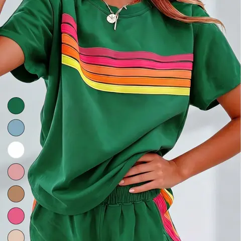 Tongudon Women's 2-Piece Loungewear Set with Pockets - Casual Rainbow Stripe Soft Stretchy Round Neck T-Shirt & Shorts for Gym, Clothing, Lady, 2 Pcs Set