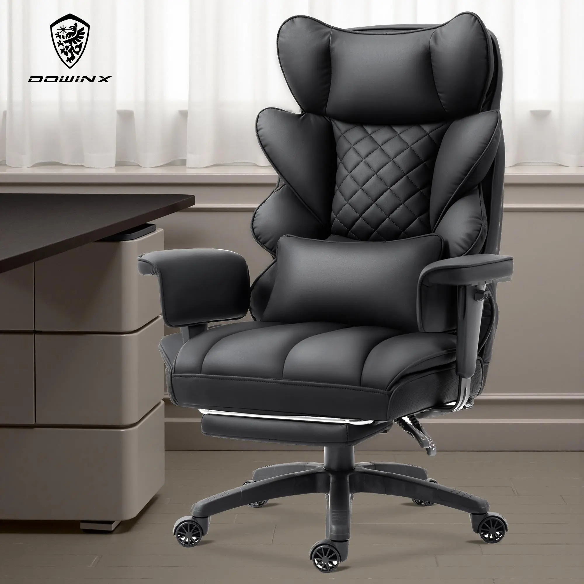Dowinx High Office Chair, with Pocket Spring Pad and waist Rest, High Back Computer Game Chair, Adjustable Armrests, Footrested