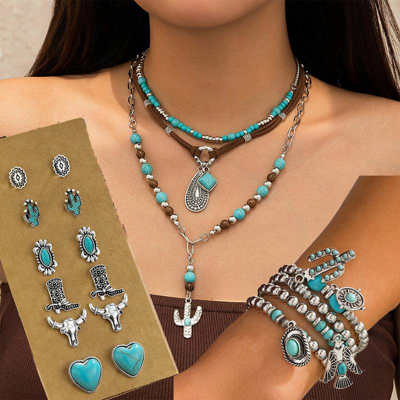 19pcs Bohemian Western Jewelry Set Turquoise Necklace Earrings & Bracelets Set Western Accessories for Women Cowgirl Gifts