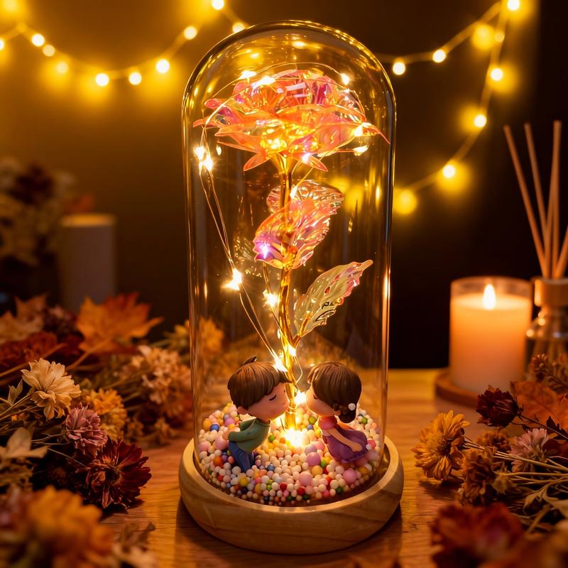 Valentine's Day Gift: Eternal Rose Bouquet in Glass Dome Features LED-illuminated roses and couple dolls Requires 3 AAA batteries (not included) Creative Gift Recommendation: Perfect for parents, girlfriend, boyfriend, daughter, or sister