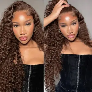 MYLOCKME Chocolate Brown Deep Wave Human Hair Wig 34 36Inch Transparent Lace Frontal Wigs For Women 13x4 13x6 HD Lace Front Water Curly Wigs