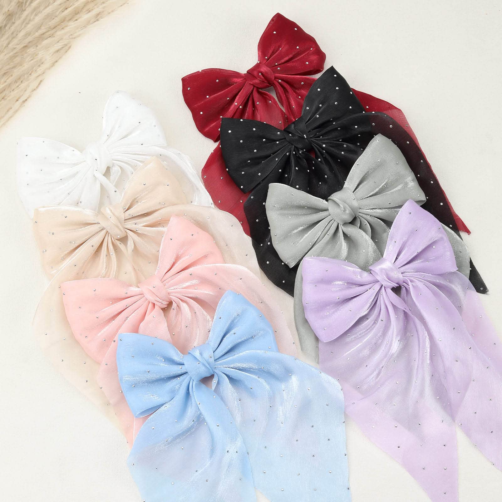 8Pcs Rhinestone Tulle Layered Hair Bows for Women Girls 5.3 Inch Barrette Hair Clip Long Gauze Bows French Style Hair Accessories (Small tulle bow)