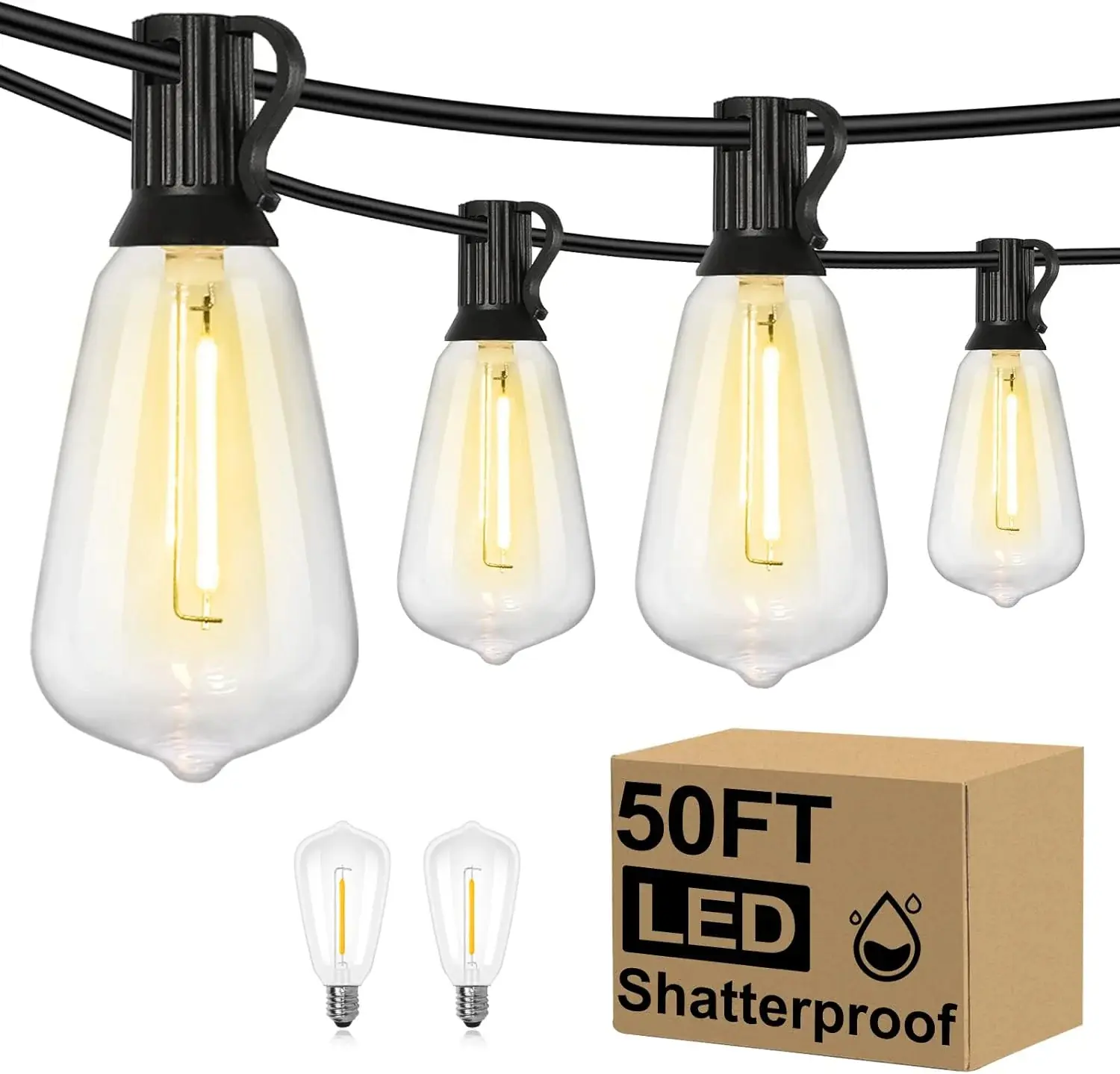 50FT LED Outdoor String Lights, Patio Deck Lights with 16+1 Shatterproof ST38 Edison Bulbs, Dimmable Warm White Waterproof Outside Hanging Lights Connectable for Backyard Porch Garden
