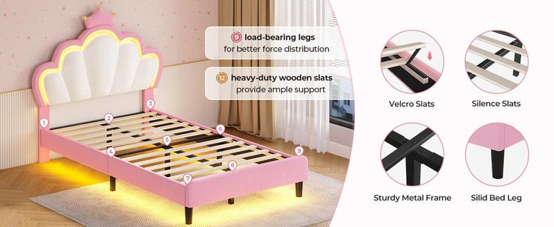 SIKAIC Girls Twin Bed Frame with Princess Crown LED Velvet Upholstered Platform Pink Adjustable Cloud Headboard Bedroom Bedframe