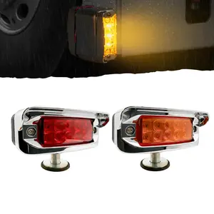 2x High Low Function Amber/Red 20 LED Marker Lights Turn Signal w/Horizontal Visor, Double Face Chrome Pedestal Lights T-Mount, Bumper Lights Replacement for Peterbilt/Kenworth/Freightliner Trucks 12V