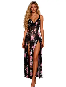 Women Lingerie Sexy Babydoll Nightgowns Lace V Neck Nightdress Side Split Long Slip Chemise Sleepwear For Holiday Daily Wear S-2XL