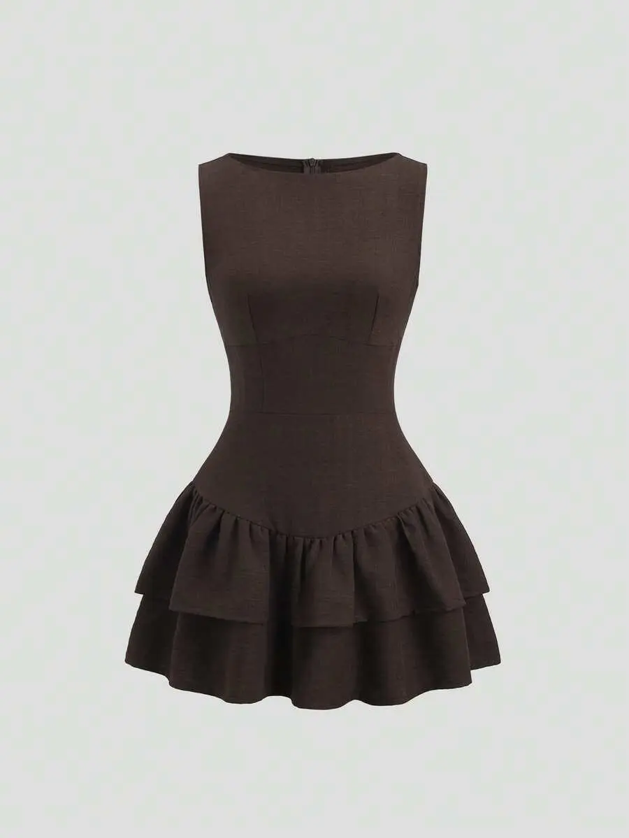 NEW Mia Dark Brown,Summer,Elegant,Tea Party Vintage Boho Sleeveless A-Line Double-Layer Ruffle Mini Dress,Vacation Date Music Festival Work Commute