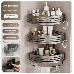 3-Pack Aluminum Gun Gray Triangular Suction Cup Shower Caddy, 1/2-Tier Corner Shelves Shower Storage Rack, Drill Free Wall Mount Shower Organizer, 40lbs Load Capacity Bathroom Accessories Towels Hook Toiletries
