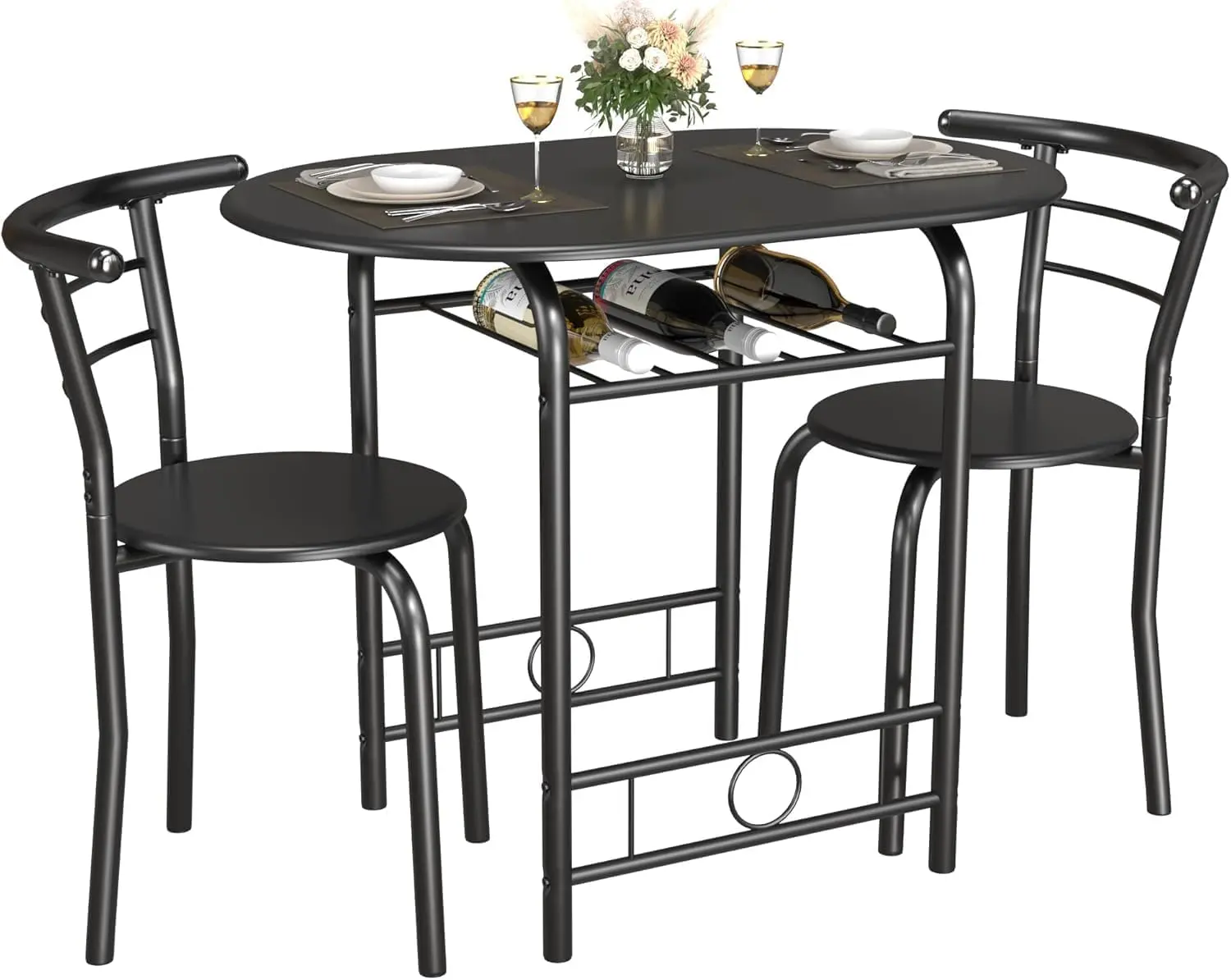 【Father's Day Gift】3-Piece Wooden Round Table & Chair Set, Space Saving Kitchen Breakfast Nook Wood Grain Tabletop with Metal Frame and Built-in Wine Rack for Kitchen, Dining Room (Black),dorm essentials,home decor