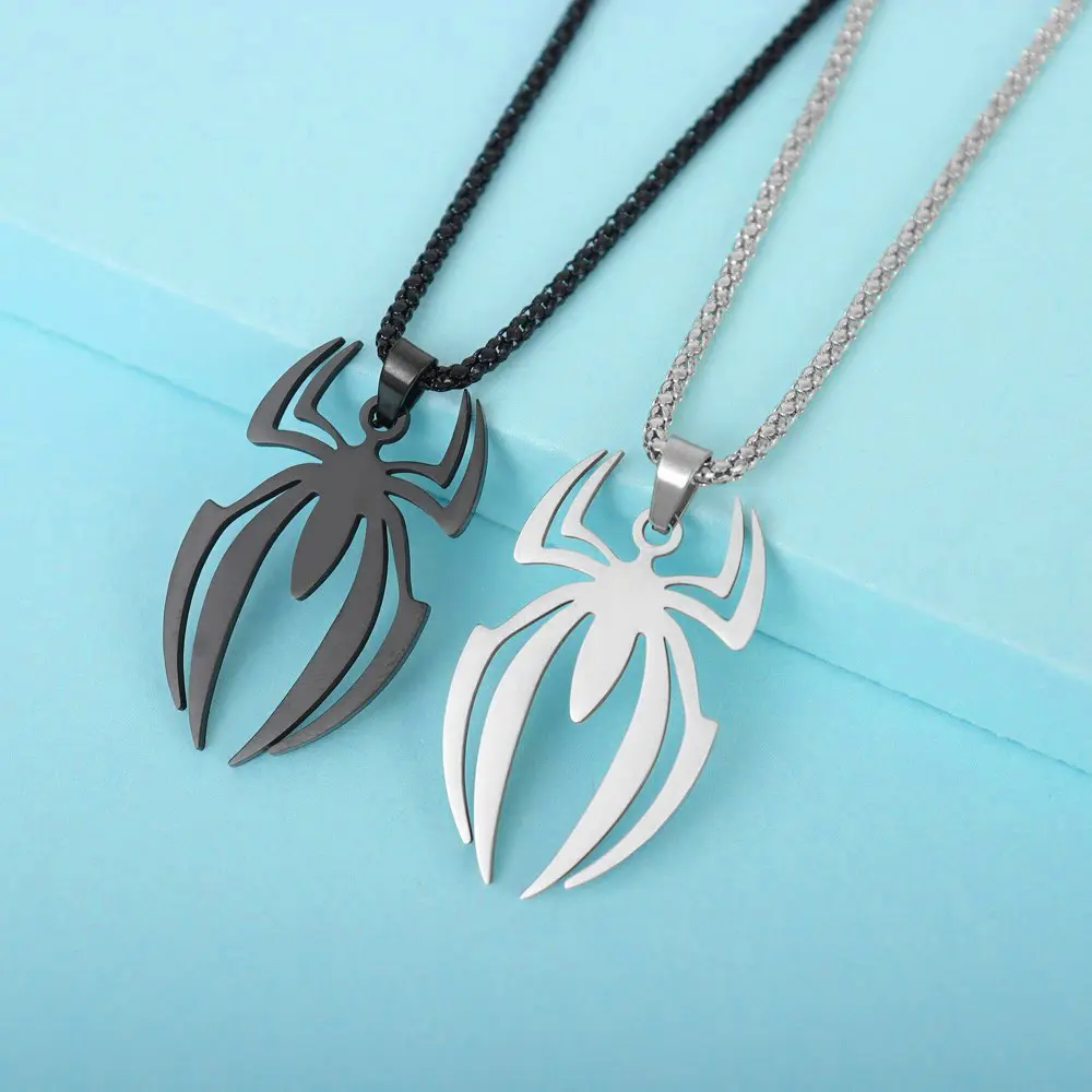 Men's Stainless Steel Long Cartoon Spider Pendant Edgy Necklace - Hollow-Out Design, Iron Chain, Trendy Alternative Style, Cartoon Pin, Metal Construction, Character Chain, Suitable for Daily Wear, Cartoon Pin Necklaces, Dangle Chain Necklaces