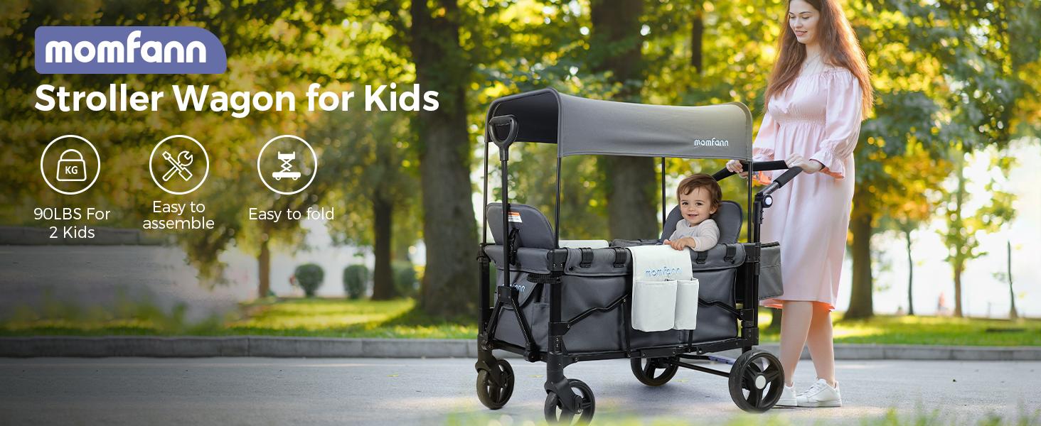 Momfann Baby Stroller Wagon, All-Terrain 2 Seaters Baby Wagon with Canopy, Parent Organizer, Adjustable Handle & Pull Bar for Infants and Toddlers