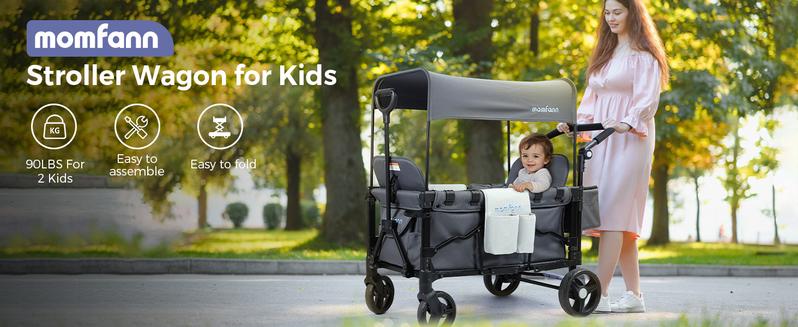 Momfann Baby Stroller Wagon, All-Terrain 2 Seaters Baby Wagon with Canopy, Parent Organizer, Adjustable Handle & Pull Bar for Infants and Toddlers