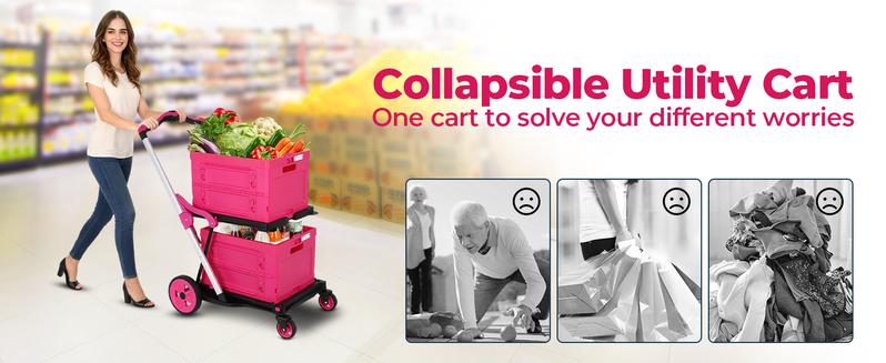 (Double frame)Foldable Utility Cart with Wheels,2 Layers Multifunctional Folding Cart for Cosmetic Organizer,Grocery,Office,Warehouse,Garden, Double Layers Foldable Shopping Cart,Folding Trolley for Luggage Heavy duty (Blue/RED/PINK/Purple)