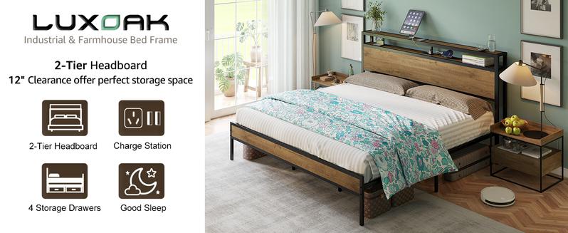 AMERLIFE Industrial Full /Queen/King Size Bed Frame,  Rustic Metal Bed Frame with 2-Tier Storage Headboard and Charging Station, No Box Spring Needed/No Mattress/Small Unique Home Furniture Room/Best Gift Ideas/Christmas Gifts