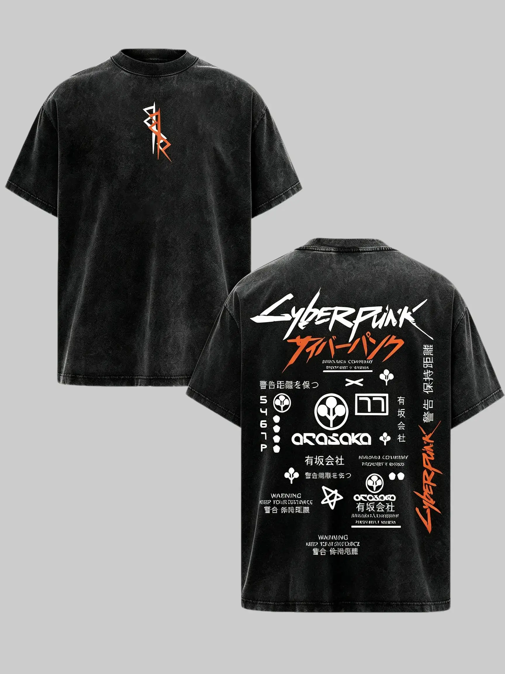 Men's Cyberpunk 2077 Arasaka Graphic Round Neck Short-Sleeve Heavyweight Acid Wash 100% Cotton Boxy Fit Casual Menswear Top, Anime Edgerunners Gaming Streetwear T-Shirt, Tops, Shortsleeve, Gamer Stuff