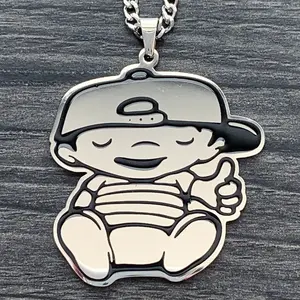 Baby Mac Miller Necklace 2" Mirror Polished Stainless Steel Pendant with Black Enamel Laser Cut Hypoallergenic Chain Free Gift Included