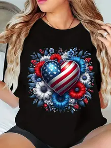 1pc for Plus-Size Women 1 Patriotic American Flag Heart-Shaped Floral Print T-Shirt, Crew Neck Short-Sleeved Women'S Casual T-Shirt, Bright Red, White And Blue Floral Design, Stars And Stripes Pattern, Four Season Knitted Fabric Top, Regular Edition Pullo
