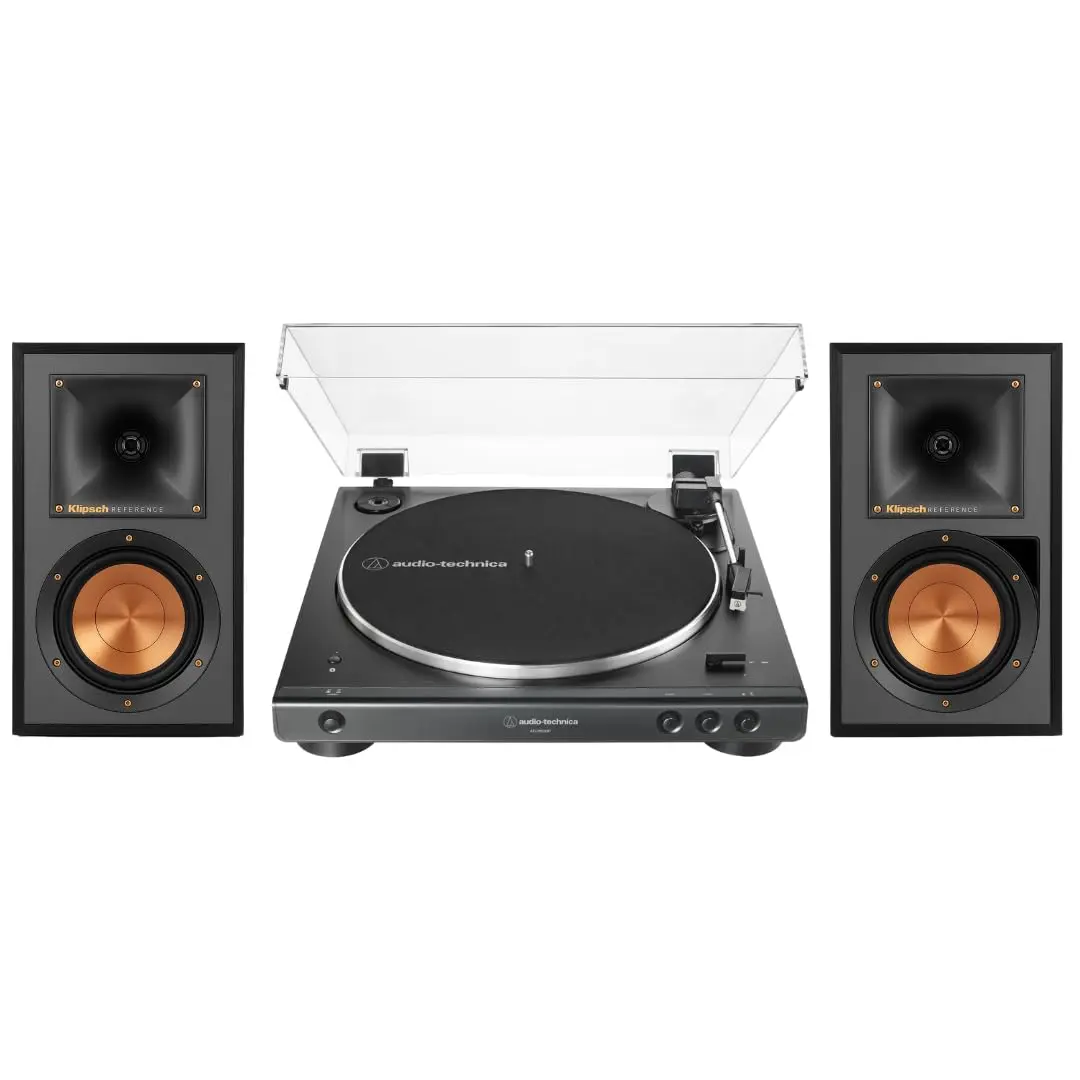 Klipsch The Sevens Heritage-Inspired Powered Stereo Bass Speakers (Walnut) Bundle with 60XBT-BK Compact Fully Automatic Belt-Drive Magnetic Vinyl Turntable, Bluetooth, Built-In Amplifier, Subwoofer, Aluminium Remote, Optical for Home Cinema Music Setup, D