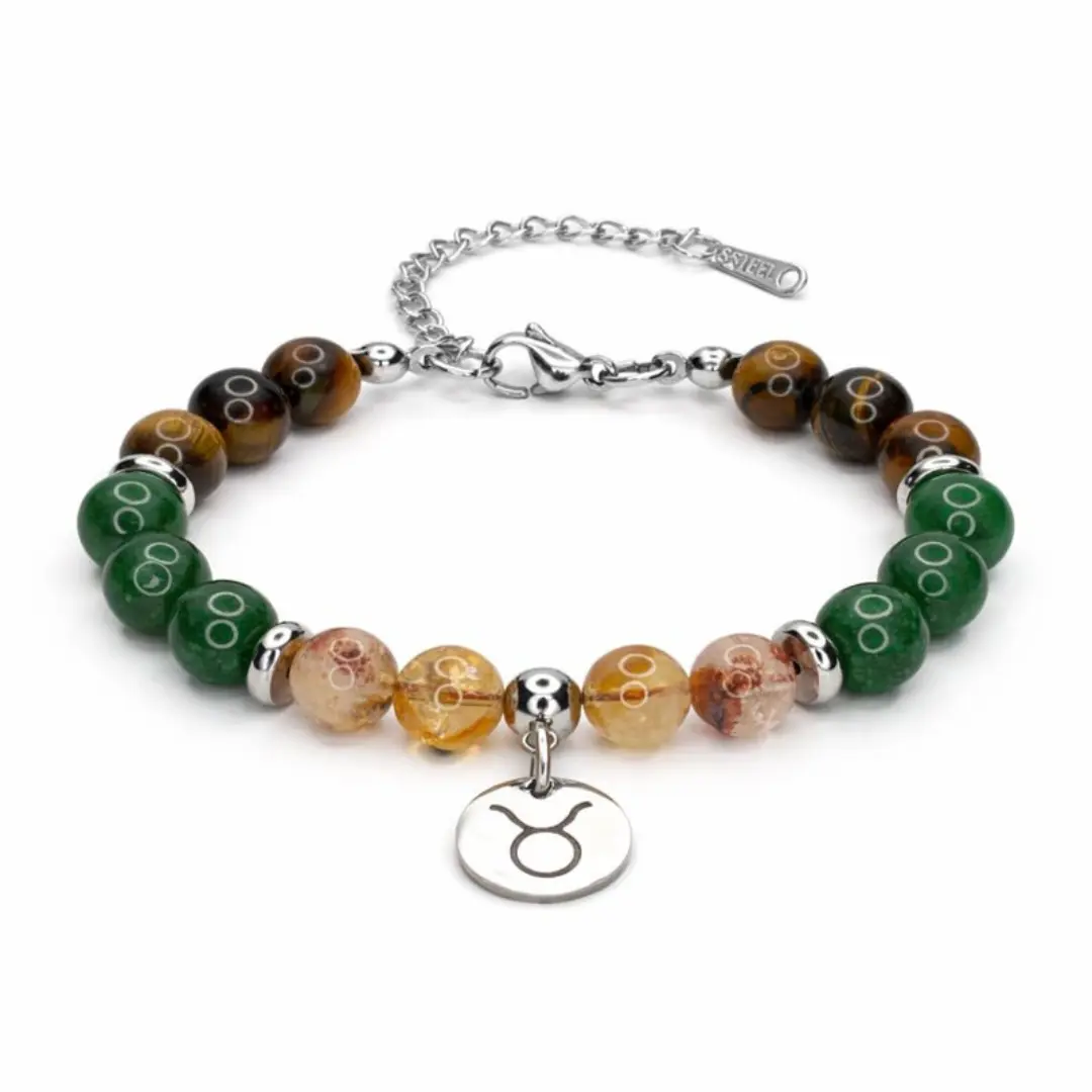 FIMENESS - TAURUS ENERGY BRACELET TIGER'S EYE, GREEN AND CITRINE NATURAL STONE BEAD COMBINATION HAND MADE STAINLESS STEEL NON-TARNISH CRYSTAL JEWELRY