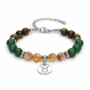 FIMENESS - TAURUS ENERGY BRACELET TIGER'S EYE, GREEN AND CITRINE NATURAL STONE BEAD COMBINATION HAND MADE STAINLESS STEEL NON-TARNISH CRYSTAL JEWELRY