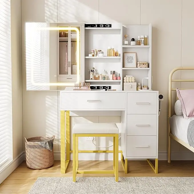 Dresser Set with Electrical Outlet 4 Drawer Storage Cabinet Dresser with Sliding Mirror and Lighting Bedroom Dresser with Stool, Open Shelf 3 Colors Lighting Pattern vanity  desk  withdrawers makeup  vanity  storage