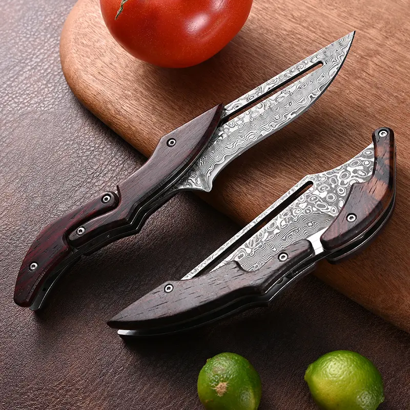 Vintage Wood Finish Damascus Blade Kitchen Knife - Compact, Portable, Efficient Prep Tool for Daily Cooking, Fruit Cutting, Default Knives