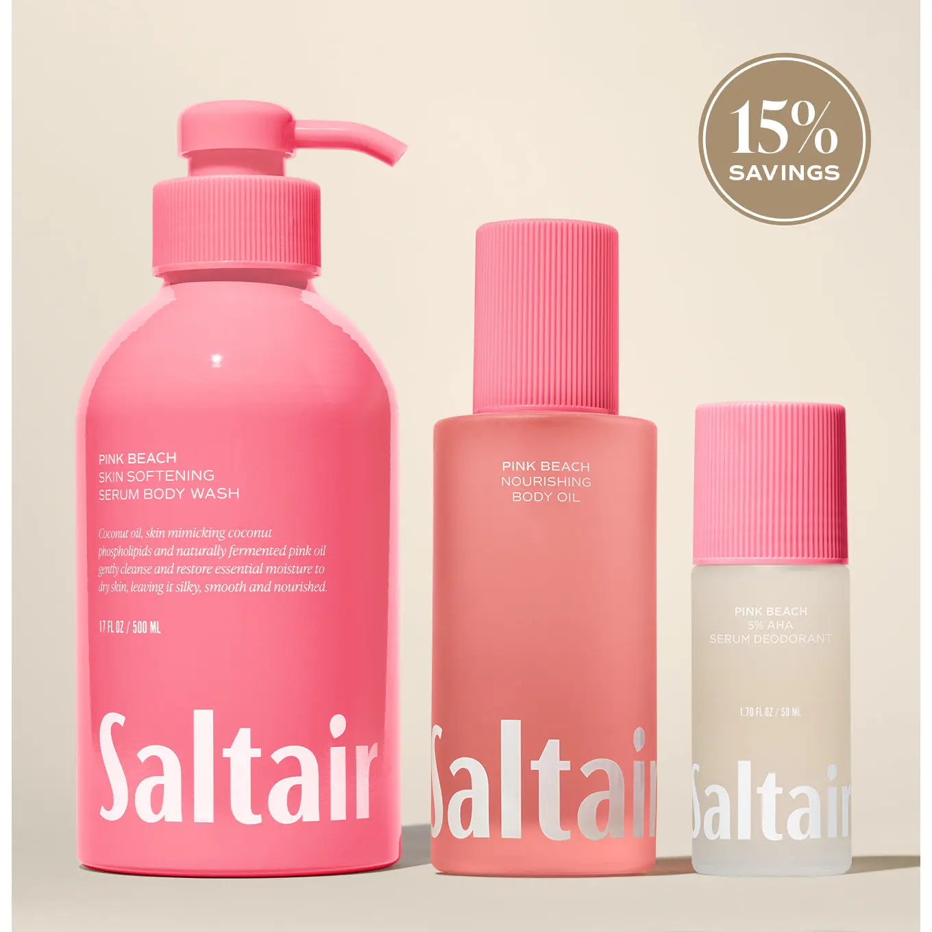 Saltair Pink Beach Essentials Set - Serum Body Wash (17 fl oz), Nourishing Body Oil (4 fl oz) & AHA Serum Roll-On Deodorant (1.7 fl oz) Bundle for Soft, Glowing Skin - Coconut, Almond Blossom, and Vanilla.