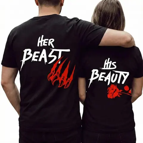 Couple Matching 2-Piece T-Shirt Sets - Husband and Wife Crew Neck Short Sleeve Printed Chic Valentine's Gift for Sports & Outdoor Use