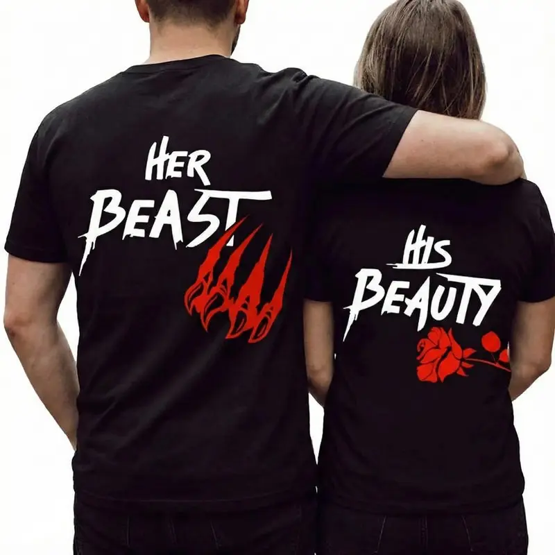 Couple Matching 2-Piece T-Shirt Sets - Husband and Wife Crew Neck Short Sleeve Printed Chic Valentine's Gift for Sports & Outdoor Use