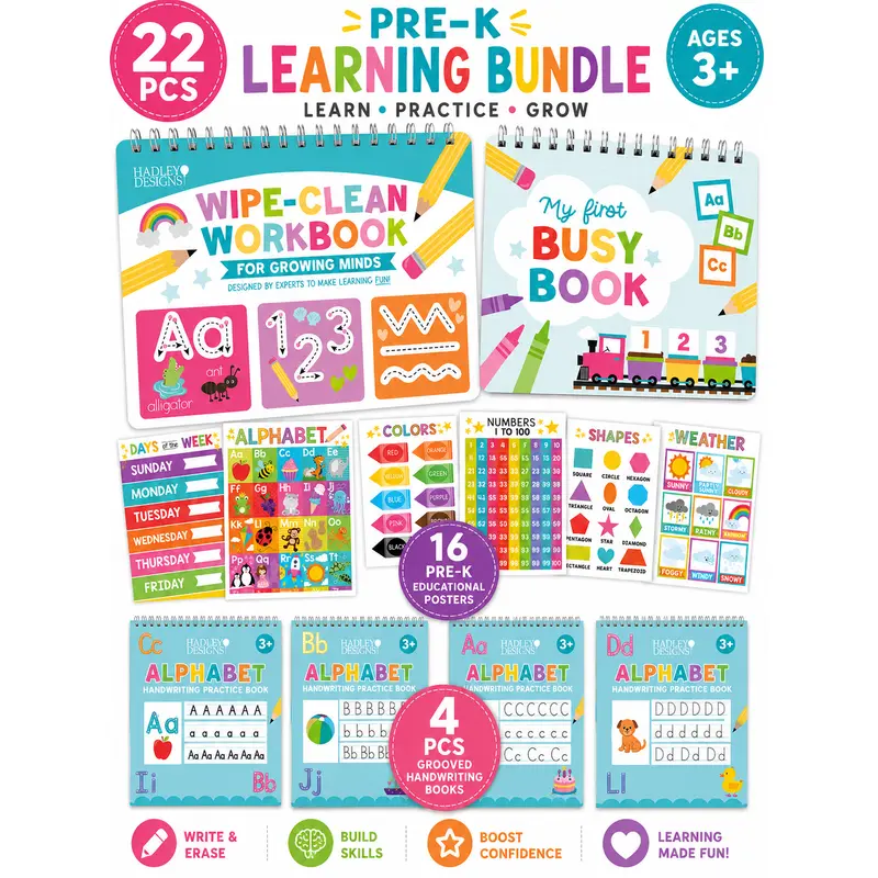 Hadley Designs 3+ Ages Homeschool Preschool Bundle - Homeschool Curriculum, 16 Alphabet Educational Posters, Montessori Busy Book, 4 Copybooks, Grooved Handwriting Set, 2 Magic Pens, 2 Pencil Grips, Classroom Teaching Supplies (Builds Fine Motor Skills),