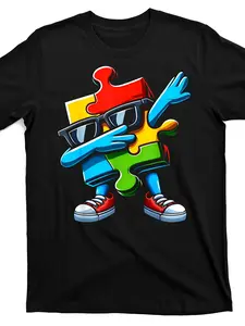 Autism Awareness Dabbing Puzzle Piece Autistic [Cool Design] Street Trending Style Women's Tee Comfortable Cotton Round Neck Shorts Same Gender Design and Sleeves Men's T Shirts