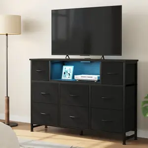 47.2" LED TV Stand with 60,000-Color Lights & Music Sync | 8-Drawer Storage Console with Power Outlet, USB/Type-C, Safe Charging Station for Living Room, Fits 55" TV, 31.5" Tall