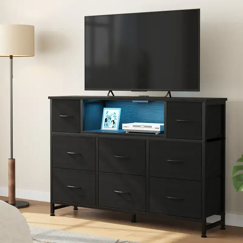 47.2" LED TV Stand with 60,000-Color Lights & Music Sync | 8-Drawer Storage Console with Power Outlet, USB/Type-C, Safe Charging Station for Living Room, Fits 55" TV, 31.5" Tall