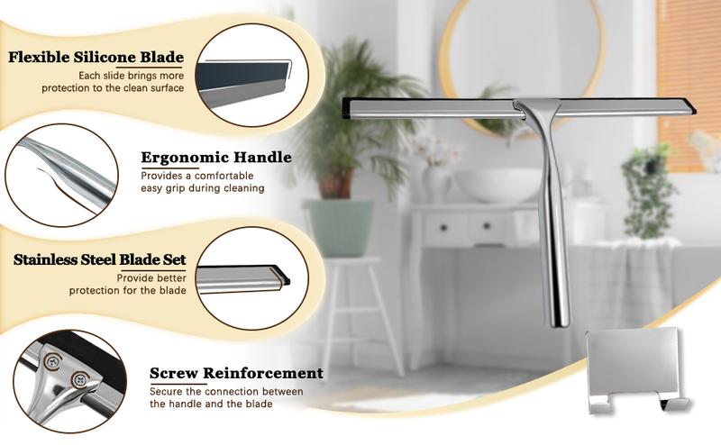 Shower Squeegee for Glass Doors, Stainless Steel Squeegee for Shower Glass with Adhesive Hook, 10’’ Multi-Purpose Window Squeegee for Window Cleaning, Bathroom, Glass, Car Windows, Mirrors, Tiles