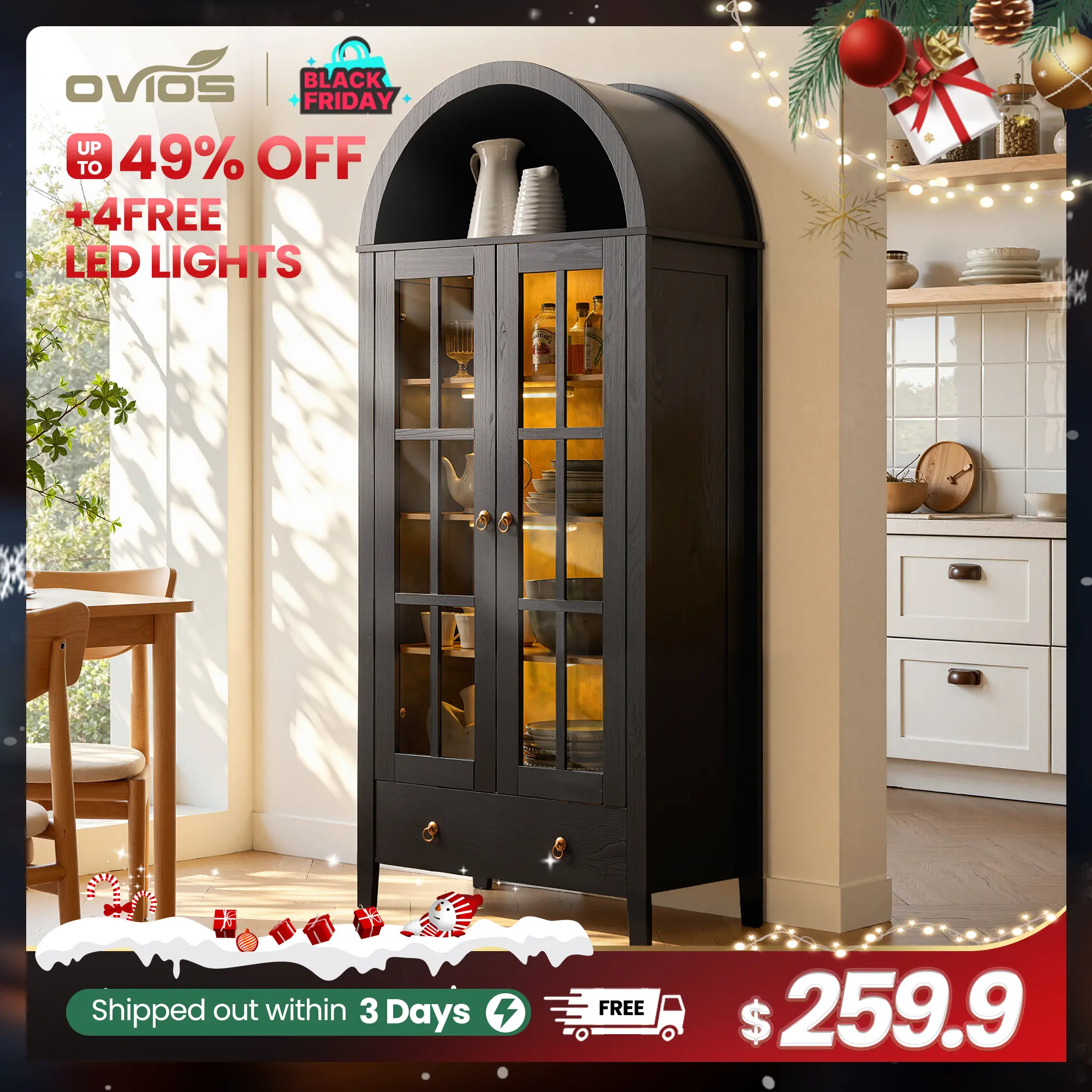 【Summerfinds】Ovios 71" Tall Arched Kitchen Pantry with Glass Door & Magnetic LED Lights, Modern Farmhouse Deep-Drawer Livingroom Storage Cabinet, Eco Wood Panel, Cupboard for Kitchen/Dining/Bathroom/Toy