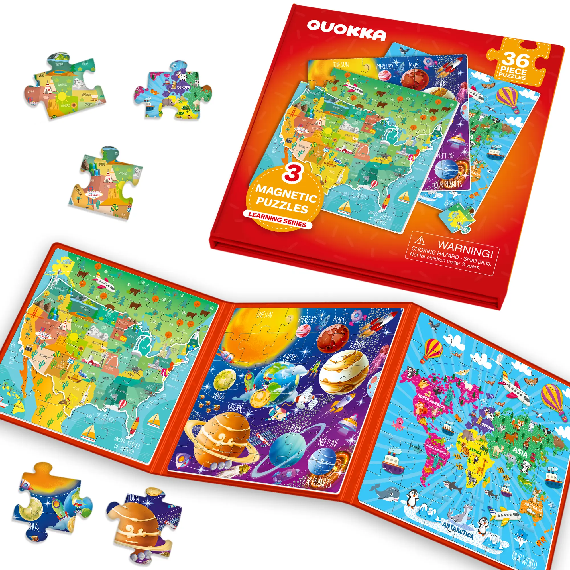 QUOKKA Magnetic Puzzle Game - 36-Piece Creative Puzzle for 4-6 Years Kids, 6.9 x 6.9 Inches Travel Toys with USA Map, World Map, Space Designs