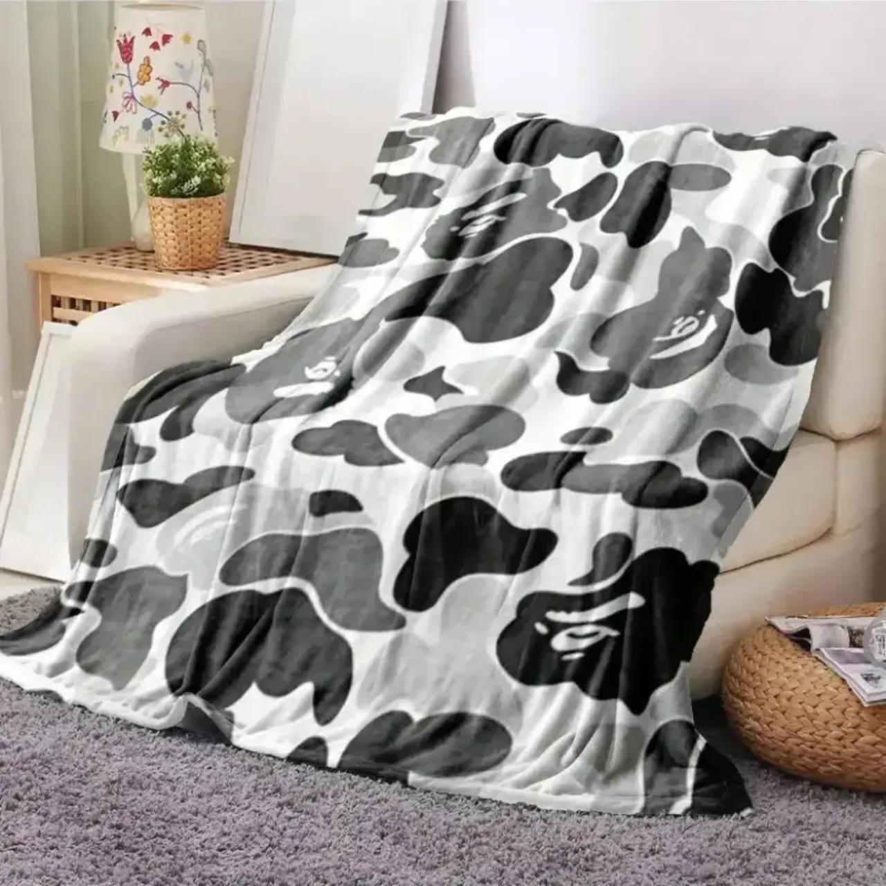 BAPE ABC Camo Shark Streetwear Throw Blanket Soft Cozy Plush Flannel Fleece Bed Blanket for Kids Teens Adults, Lightweight Warm Blanket for Couch Sofa Bedroom Decor, Dorm Room, Hypebeast Gifts, Birthday Gifts, Holiday Gifts
