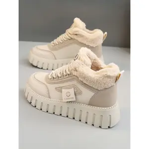 Women's Fashionable Colorblock Lace Up Contrast Faux Fur Snow Boots, Casual Comfortable Ankle Boots for Fall & Winter, Female All-match Round Toe Shoes for Daily Wear, Elegant BootsGift