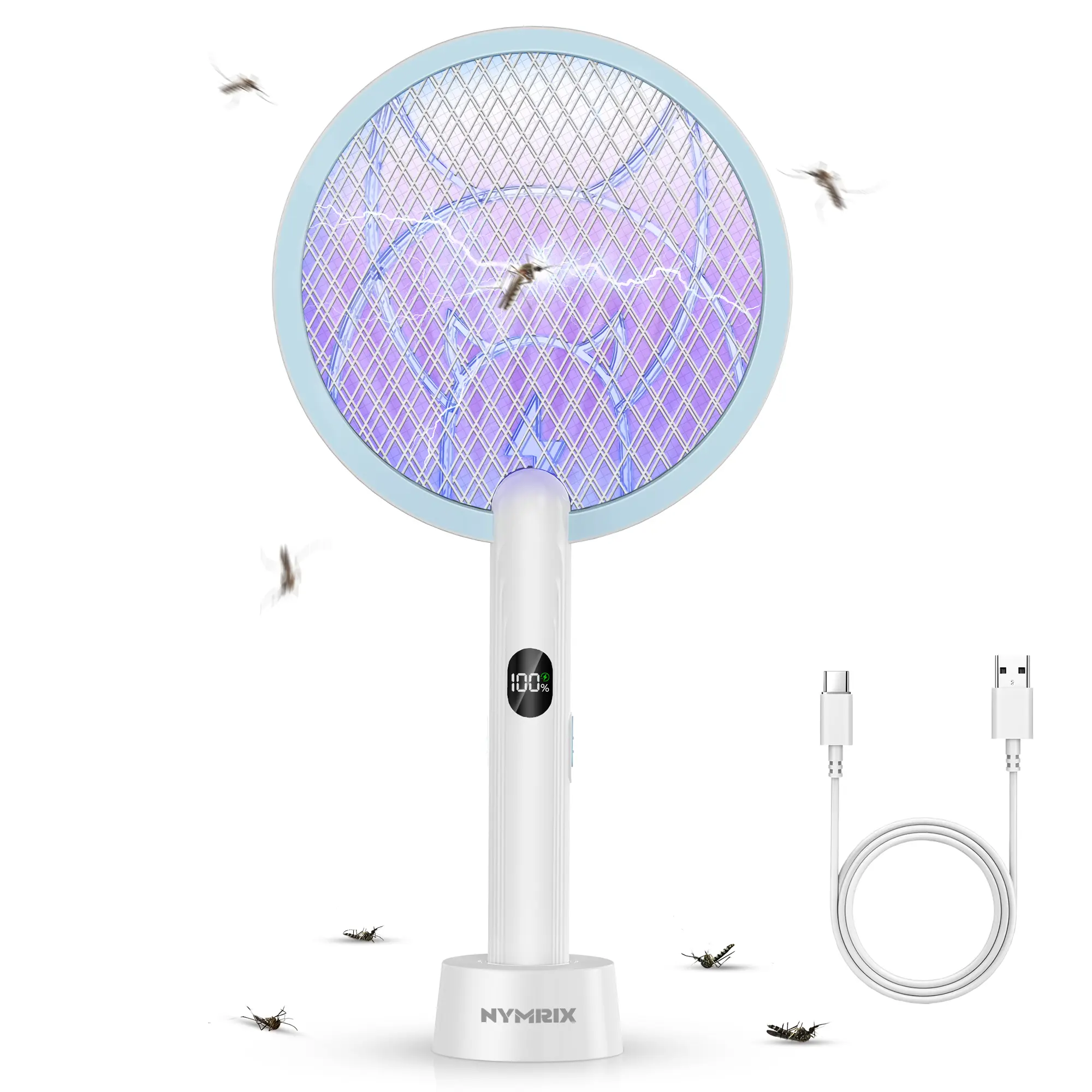 Racket Shape High-Power 4100V Electronic Mosquito Killer Racket, 1800mAh USB Rechargeable Cordless Bug Zapper with Purple Light, Chemical-Free Living Room Indoor Pest Control Tool, Batteries-Included Kitchen Camping Essential Gift