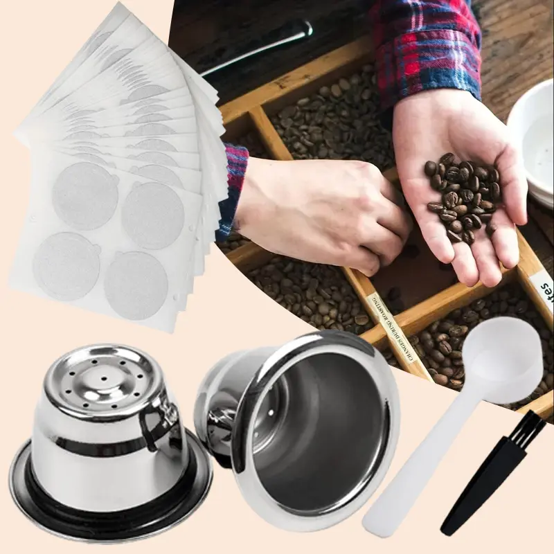 Reusable Stainless Steel Espresso Capsules, Refillable Coffee Pods with 100 Aluminum Foil Seal Stickers, Filters and Cups, Reusable Espresso Capsules
