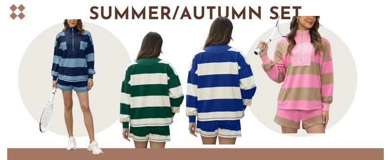 WoodBerry Women's 2 Piece Striped Tracksuit Set – Long Sleeve Top Pullover & Shorts with Pocket, Oversized Stretchy Sportswear Outfits for Workout & Lounge