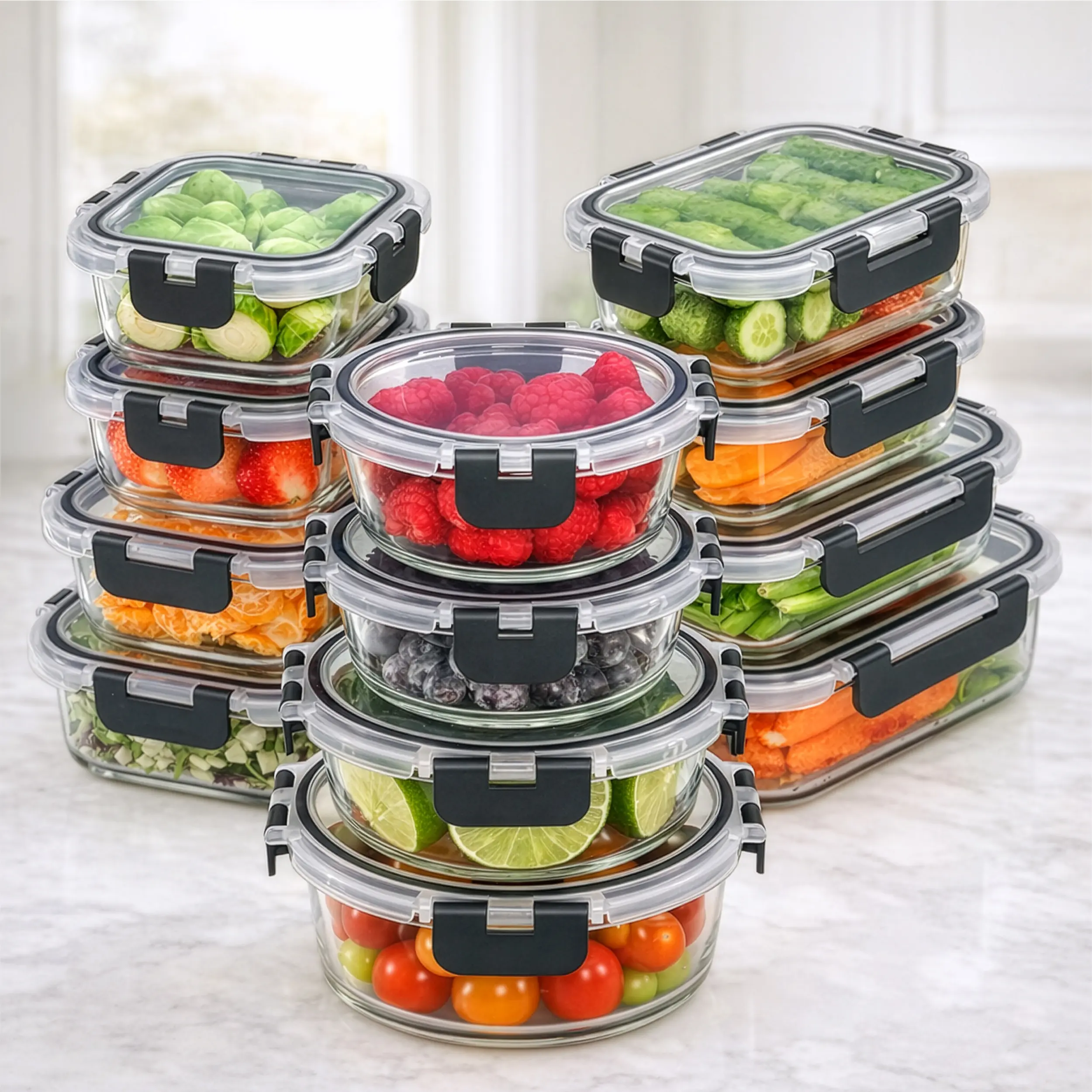 FRESHWARE Glass Food Storage Containers (24-Piece Kitchen Set) - Varied Sizes, Square/Round/Rectangle Shapes, Stackable Storage Containers, Airtight Leakproof Lids, Non-Plastic, Freezer-to-Oven Safe, Ideal for Healthy Meal Prep, Fridge Organization