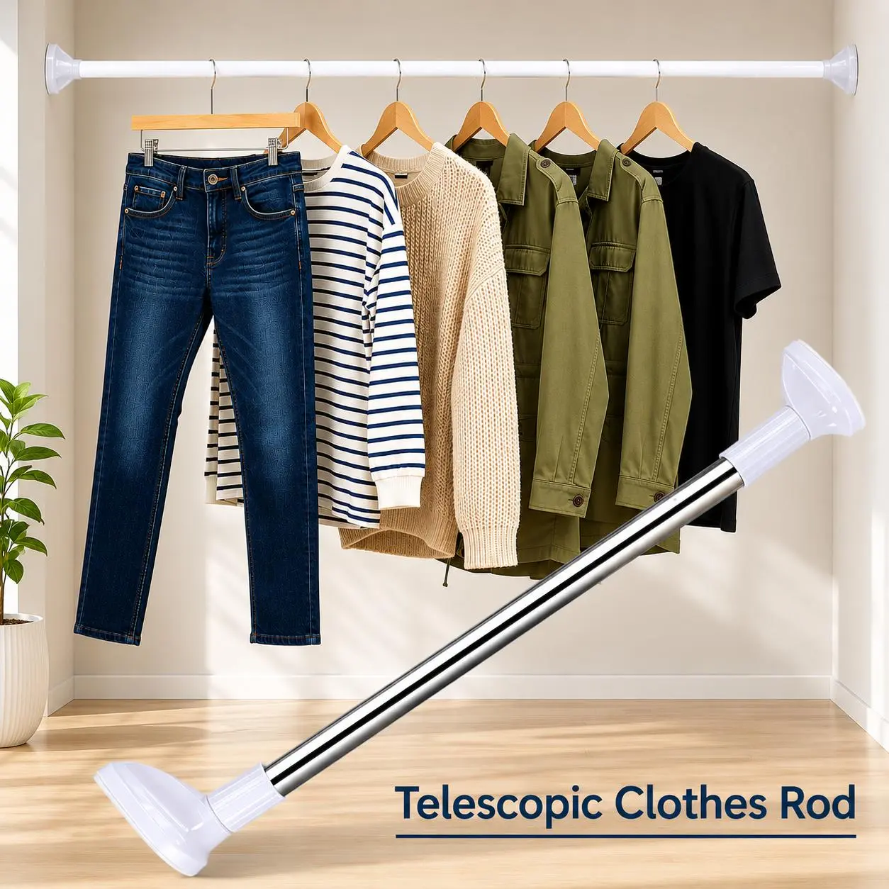 Adjustable No-Drill Wardrobe Rod, Telescopic Clothes Drying Rod, Available In Two Sizes, Rust-Proof Hanger, Suitable For Bathrooms, Shelves, And Wardrobes.,home essentials